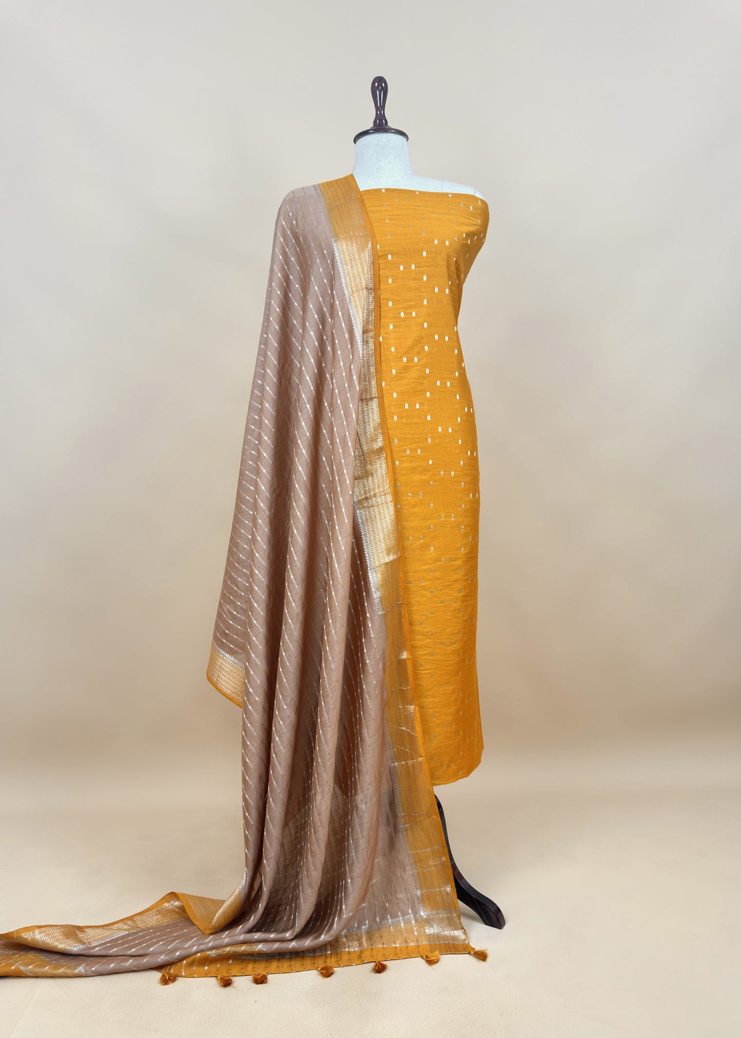 Pink And Medium Brown Banarasi Chanderi Suit With Contrast Dupatta
