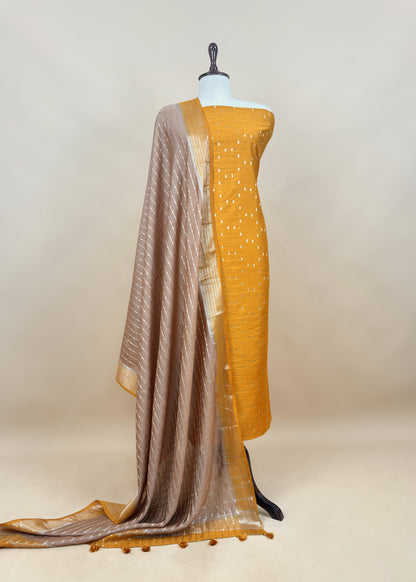 Pink And Medium Brown Banarasi Chanderi Suit With Contrast Dupatta