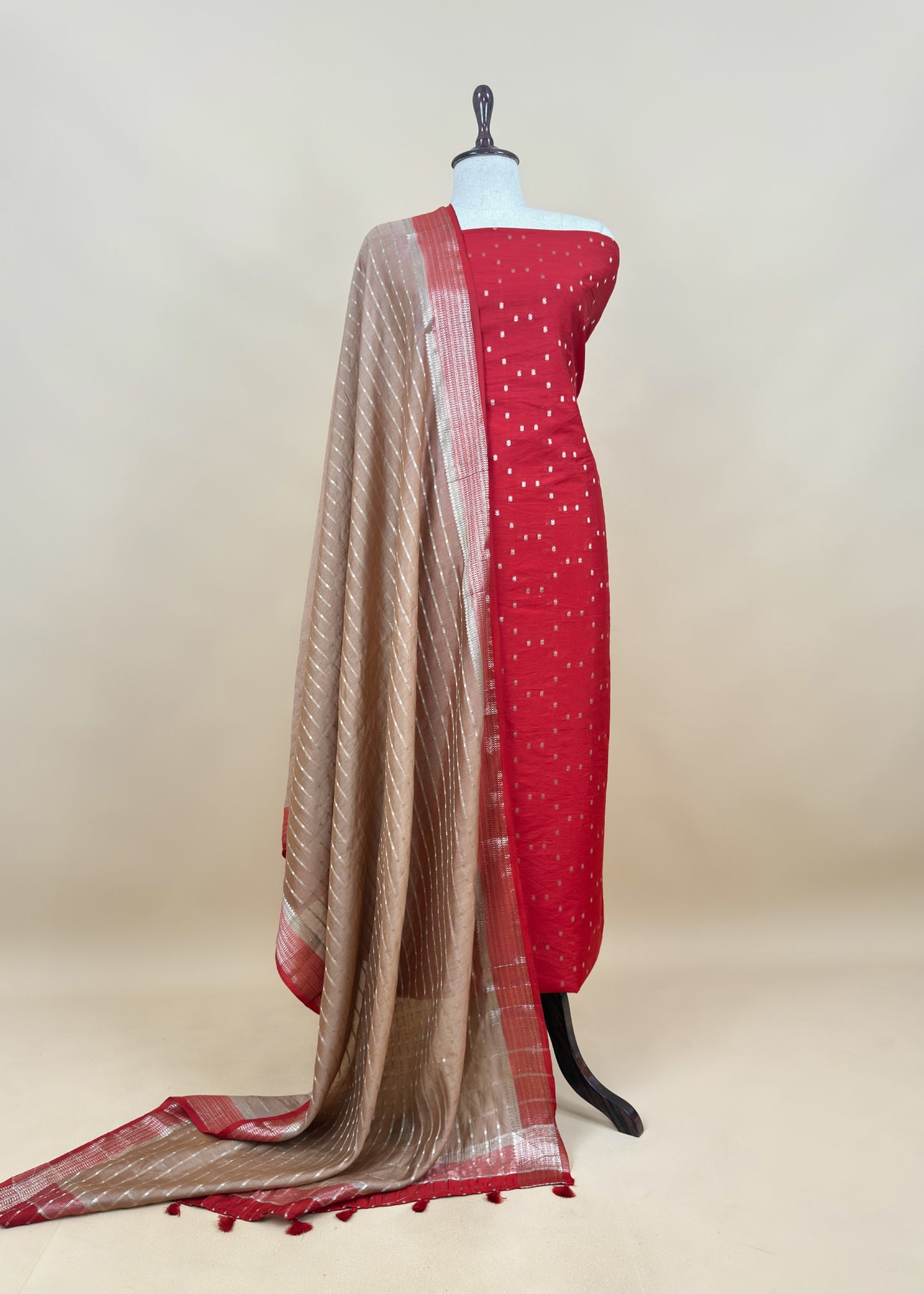 Pink And Medium Brown Banarasi Chanderi Suit With Contrast Dupatta