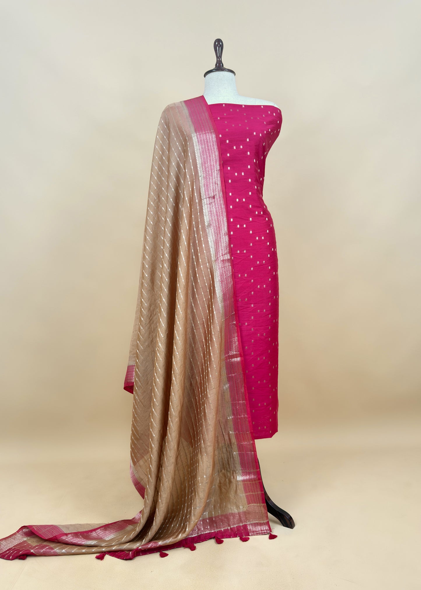 Pink And Medium Brown Banarasi Chanderi Suit With Contrast Dupatta