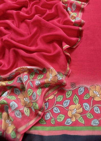 Red Hand-Painted Kalamkari Suit In Maheshwari Silk With Dupatta