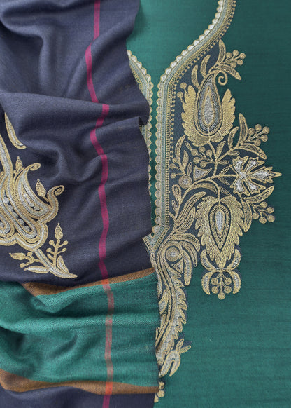 Turquoise Merino Wool Unstitched Suit in Aari Embroidery