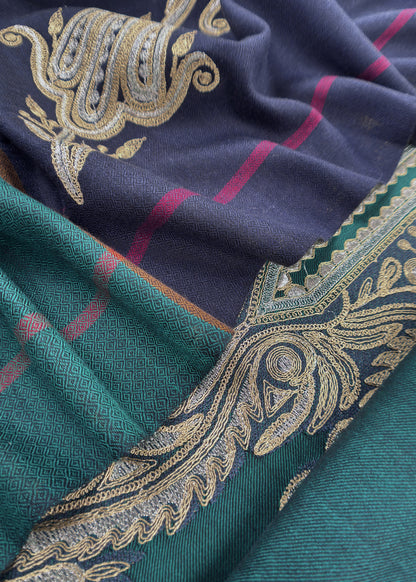Turquoise Merino Wool Unstitched Suit in Aari Embroidery