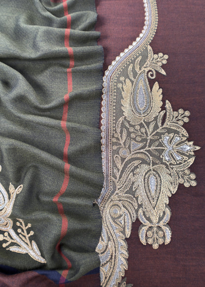 Brown Merino Wool Unstitched Suit in Aari Embroidery