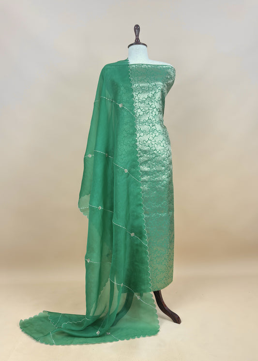 Emerald Green Brocade Silk Kurta And Organza Silk Dupatta with Handwork