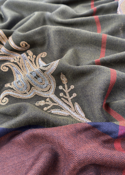Brown Merino Wool Unstitched Suit in Aari Embroidery