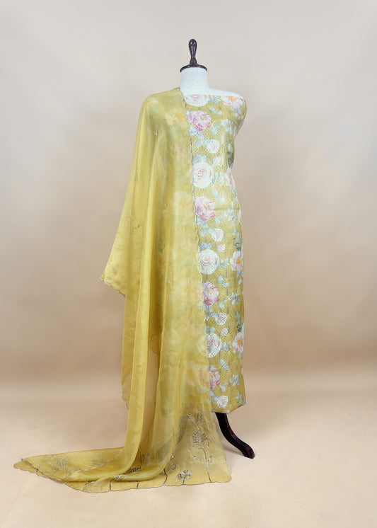 Canary Yellow Brocade Silk Kurta And Kora Silk Dupatta With Handwork