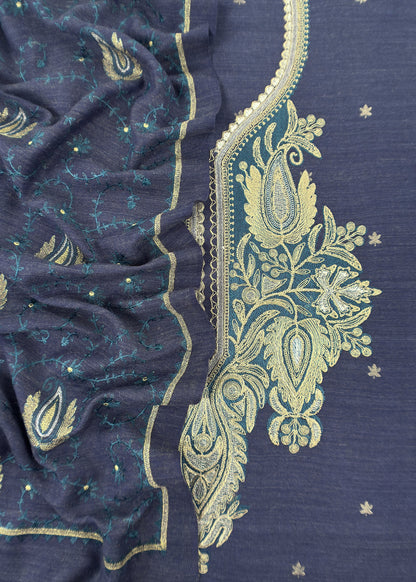 Blue Merino Wool Unstitched Suit in Aari Embroidery