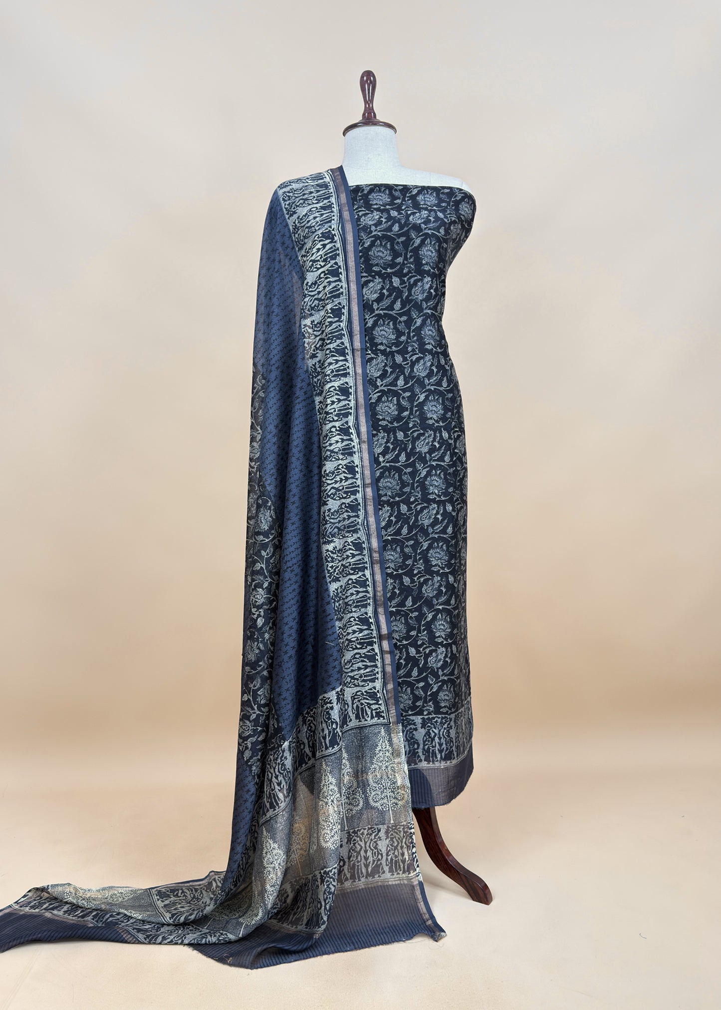 Indigo Block Print Pure Maheshwari Silk Unstitched Suit Fabric