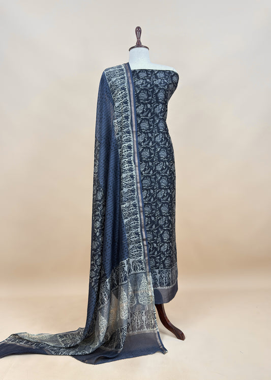 Indigo Block Print Pure Maheshwari Silk Unstitched Suit Fabric