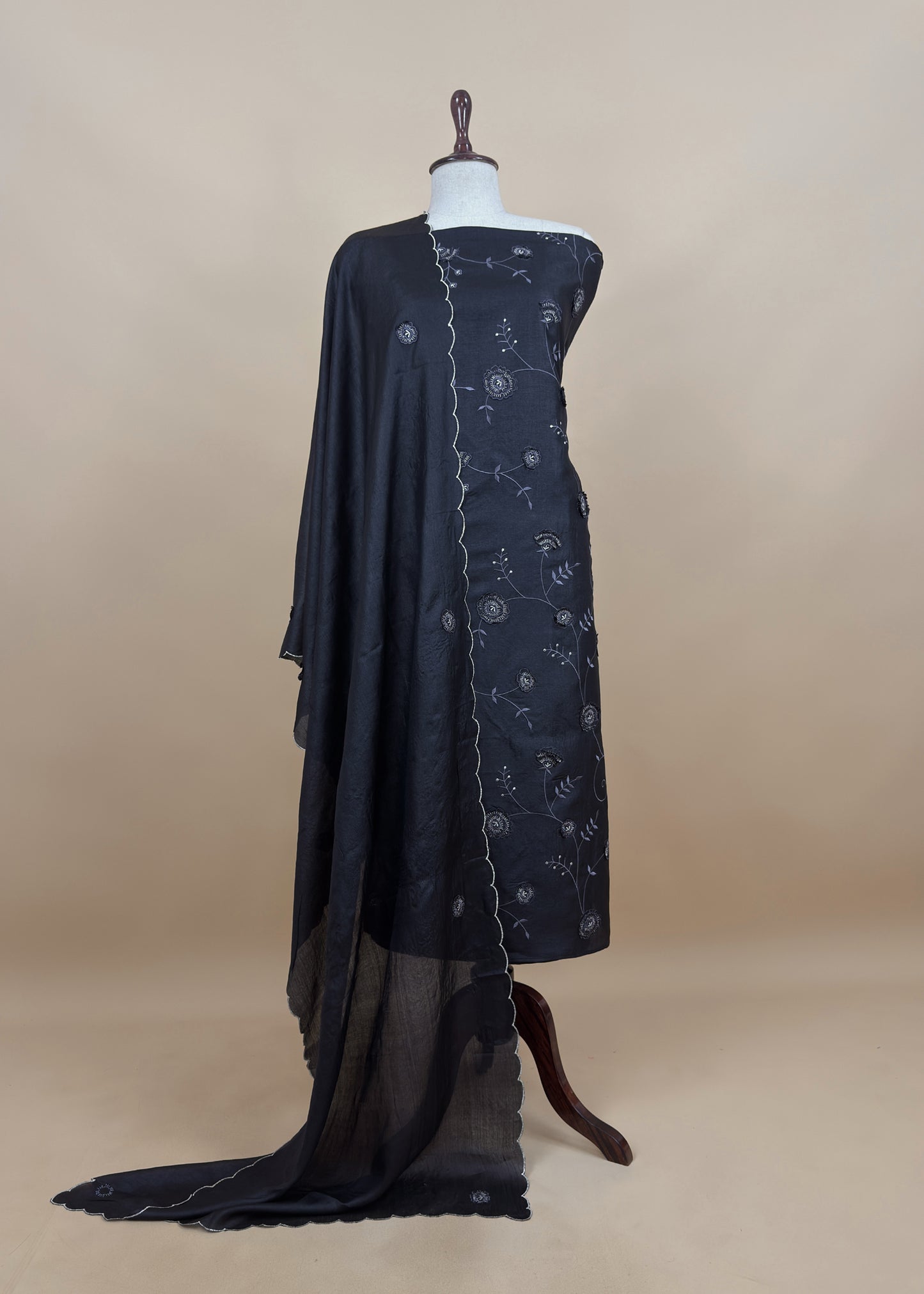 Sahiba 2025 Charcoal Black Handloom Desi Tussar Suit With Pitta And Appliqué Work