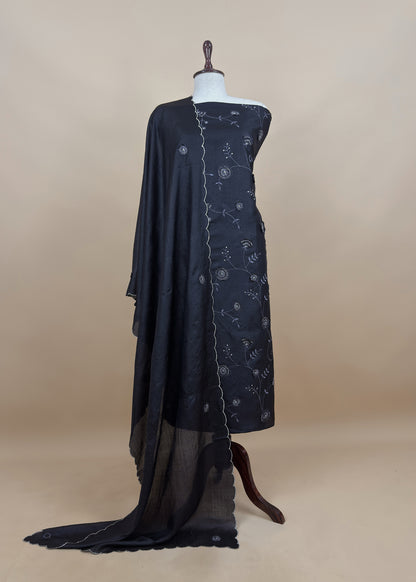 Sahiba 2025 Charcoal Black Handloom Desi Tussar Suit With Pitta And Appliqué Work