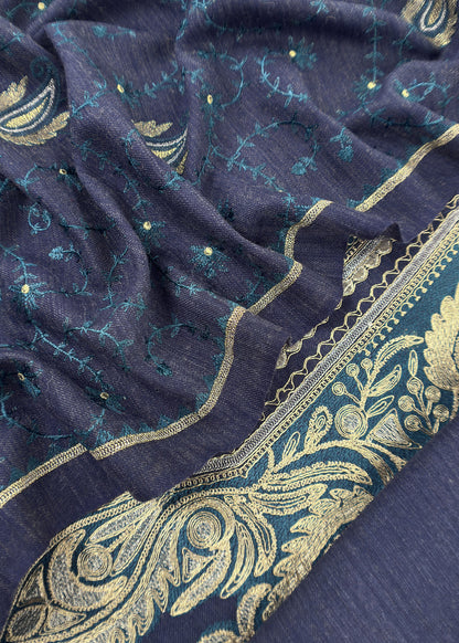 Blue Merino Wool Unstitched Suit in Aari Embroidery