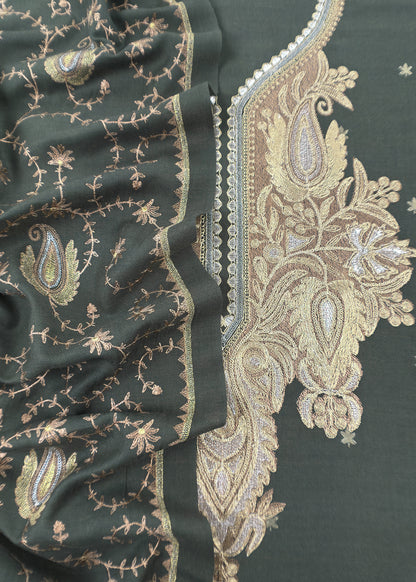Bottle Green Merino Wool Unstitched Suit in Aari Embroidery