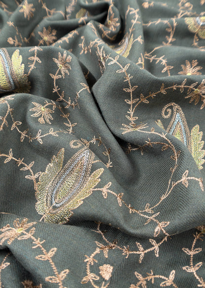 Bottle Green Merino Wool Unstitched Suit in Aari Embroidery