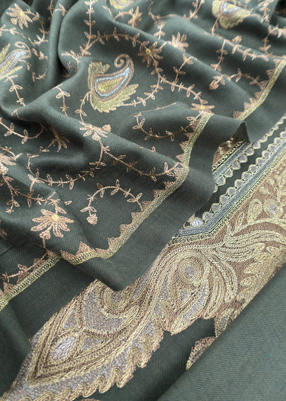 Bottle Green Merino Wool Unstitched Suit in Aari Embroidery
