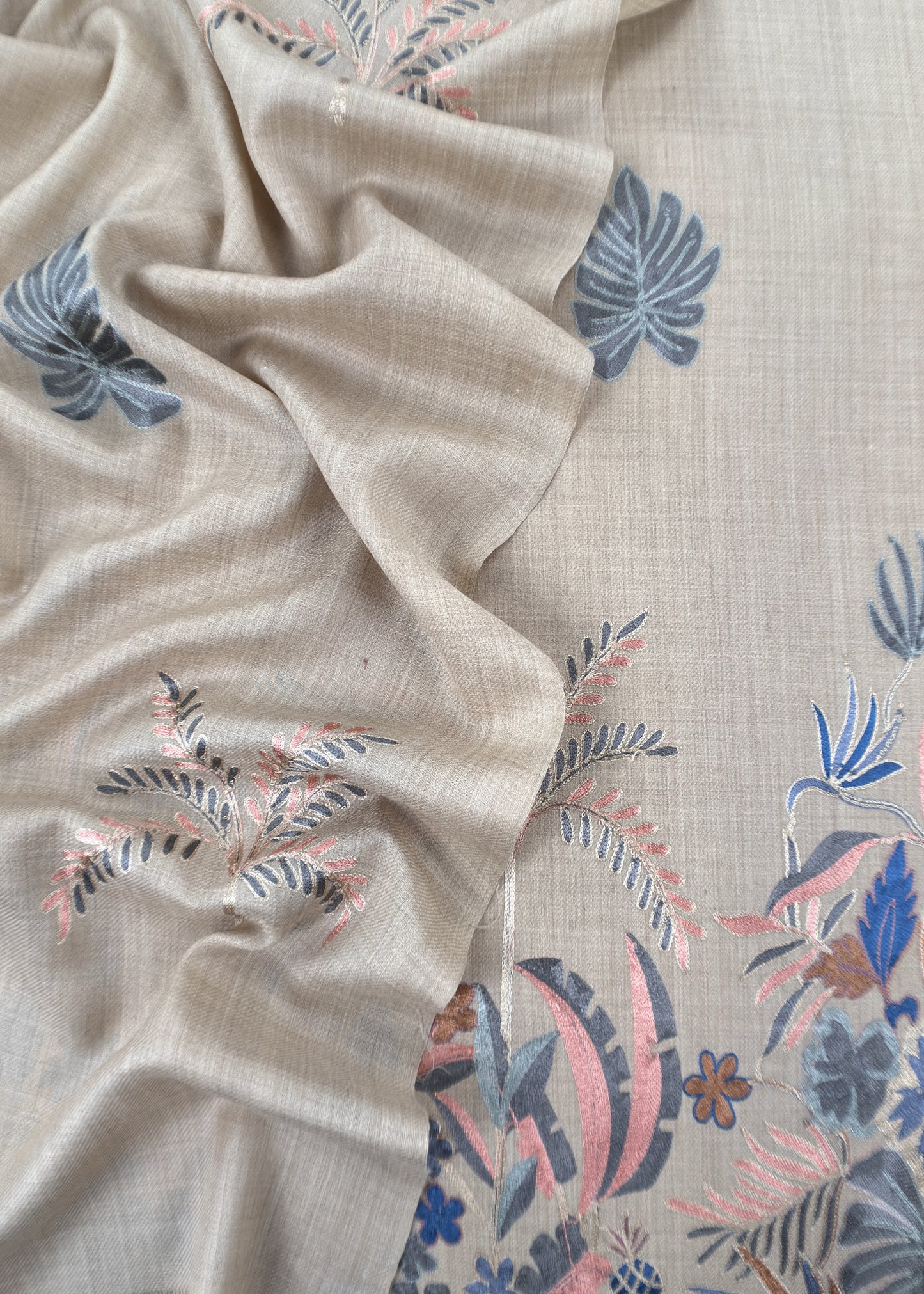 Beige Unstitched Woolen Suit With Aari Embroidery work