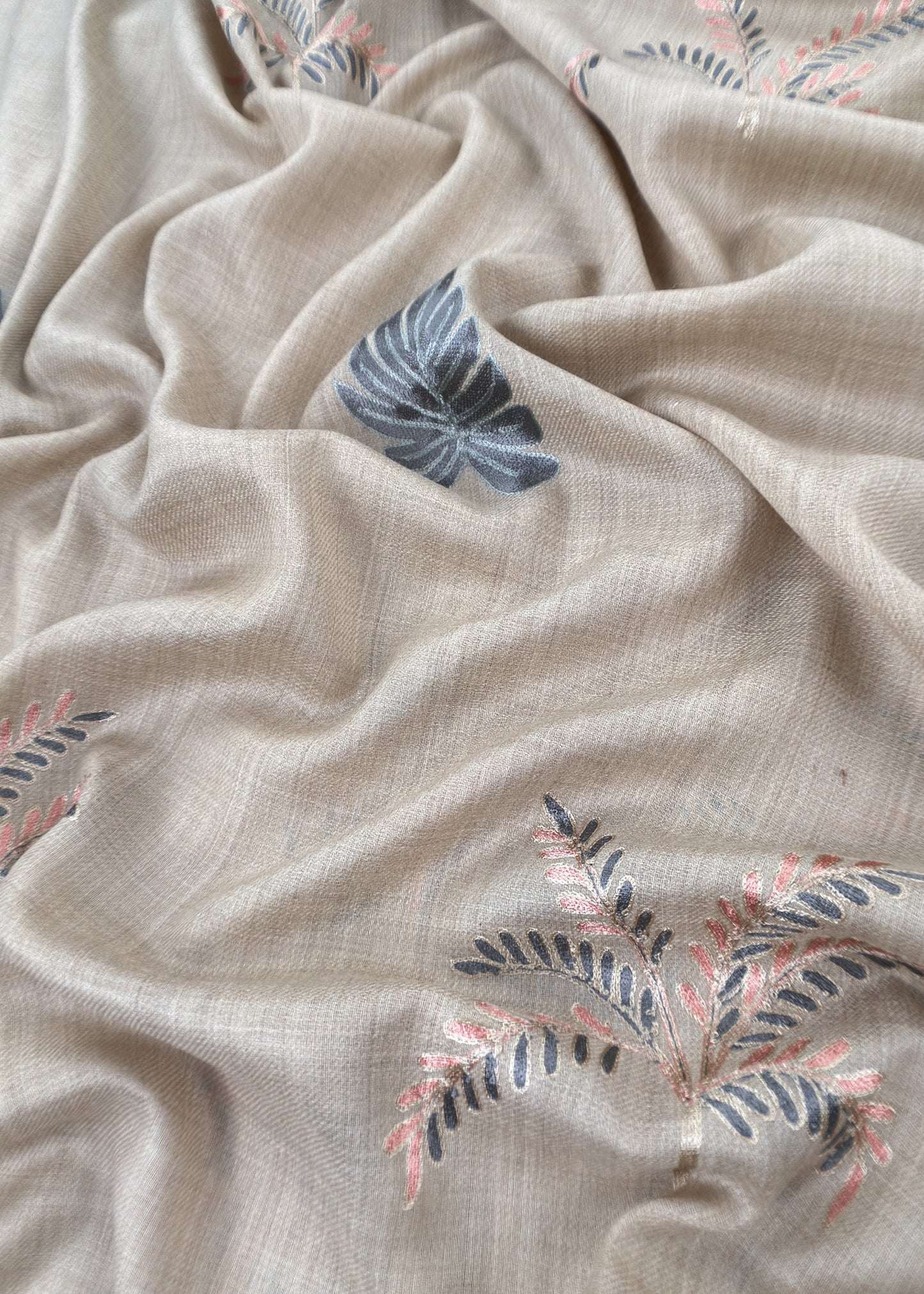 Beige Unstitched Woolen Suit With Aari Embroidery work
