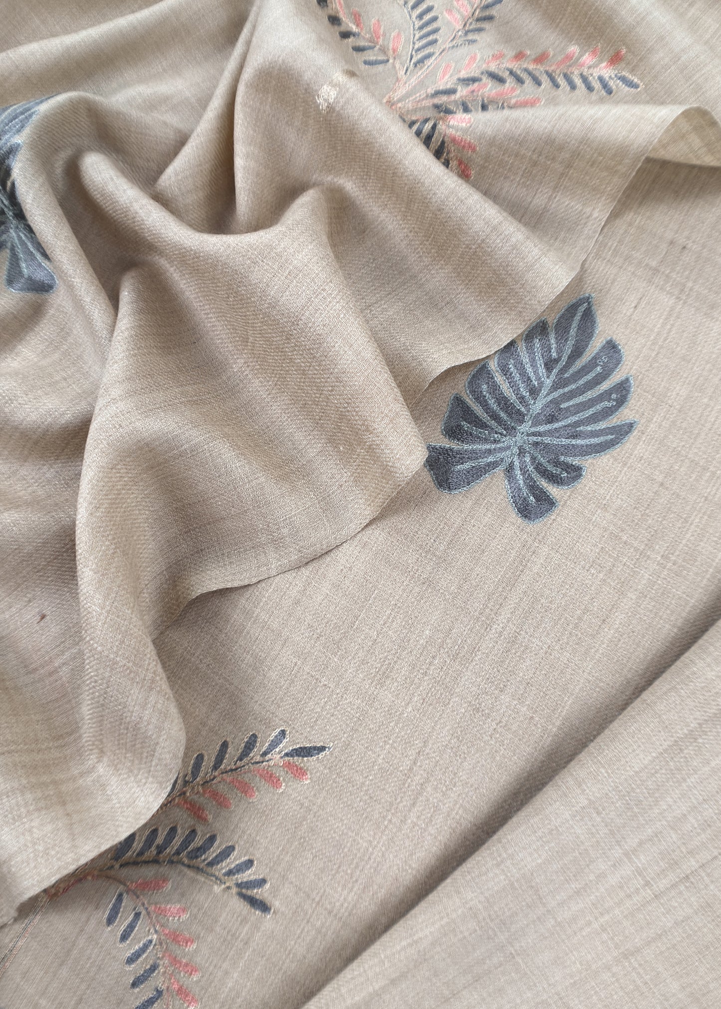 Beige Unstitched Woolen Suit With Aari Embroidery work