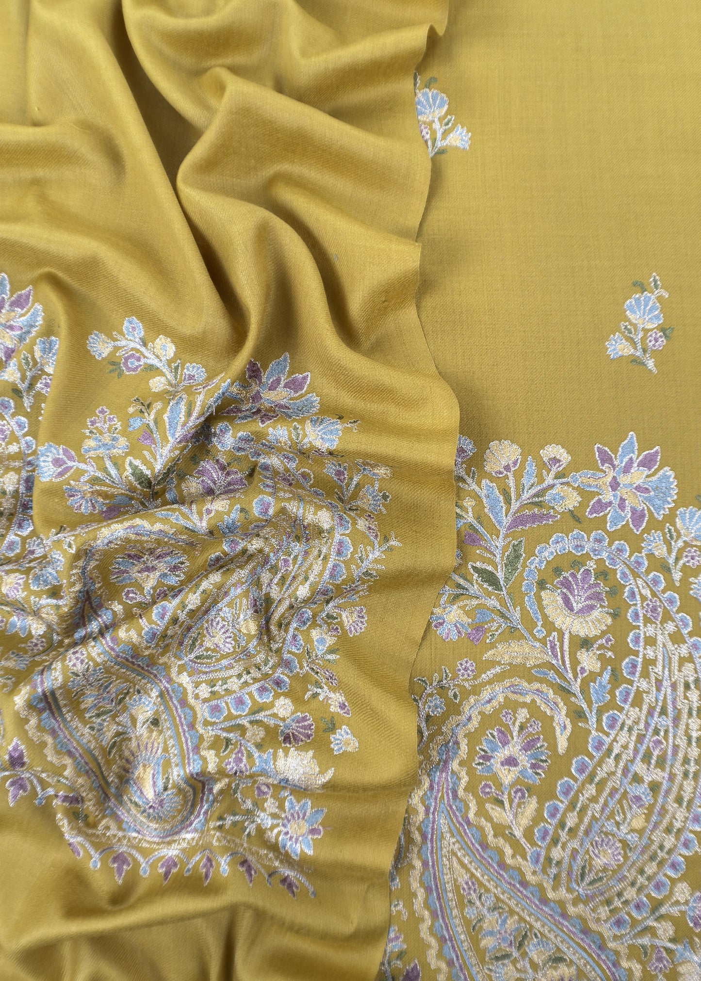 Maize Yellow Pure Merino Wool With Beautiful Aari Embroidery