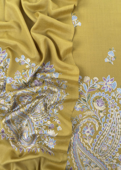 Maize Yellow Pure Merino Wool With Beautiful Aari Embroidery