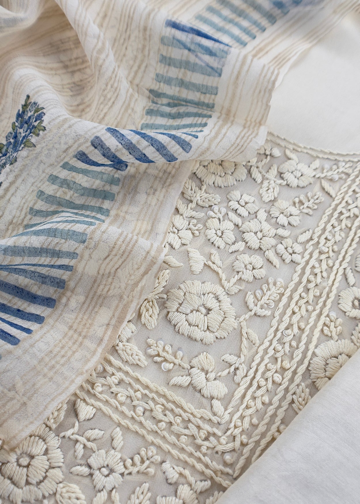 White With Blue Handloom Georgette Suit With Thread Embroidery
