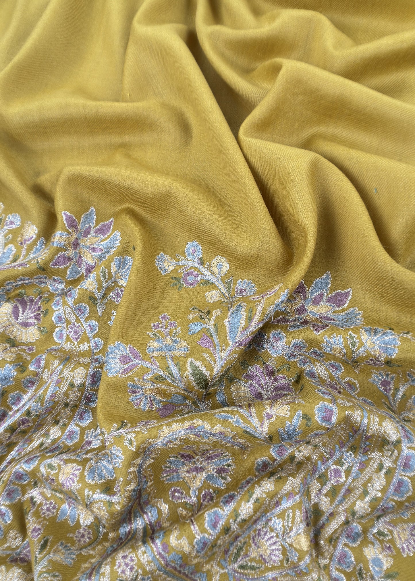 Maize Yellow Pure Merino Wool With Beautiful Aari Embroidery