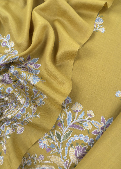 Maize Yellow Pure Merino Wool With Beautiful Aari Embroidery