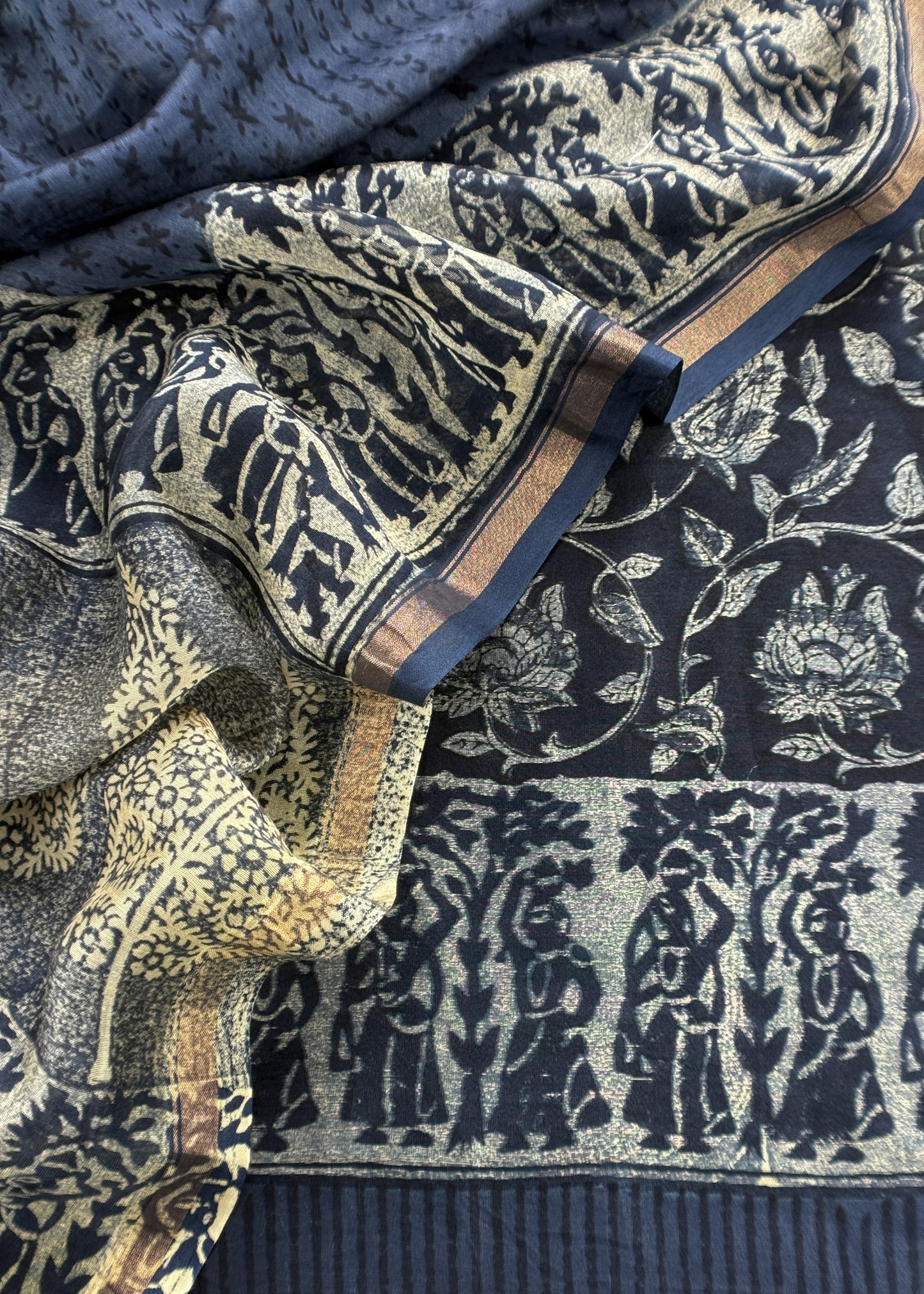 Indigo Block Print Pure Maheshwari Silk Unstitched Suit Fabric