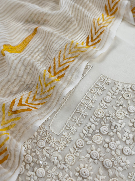 White With Yellow Handloom Georgette Suit With Thread Embroidery