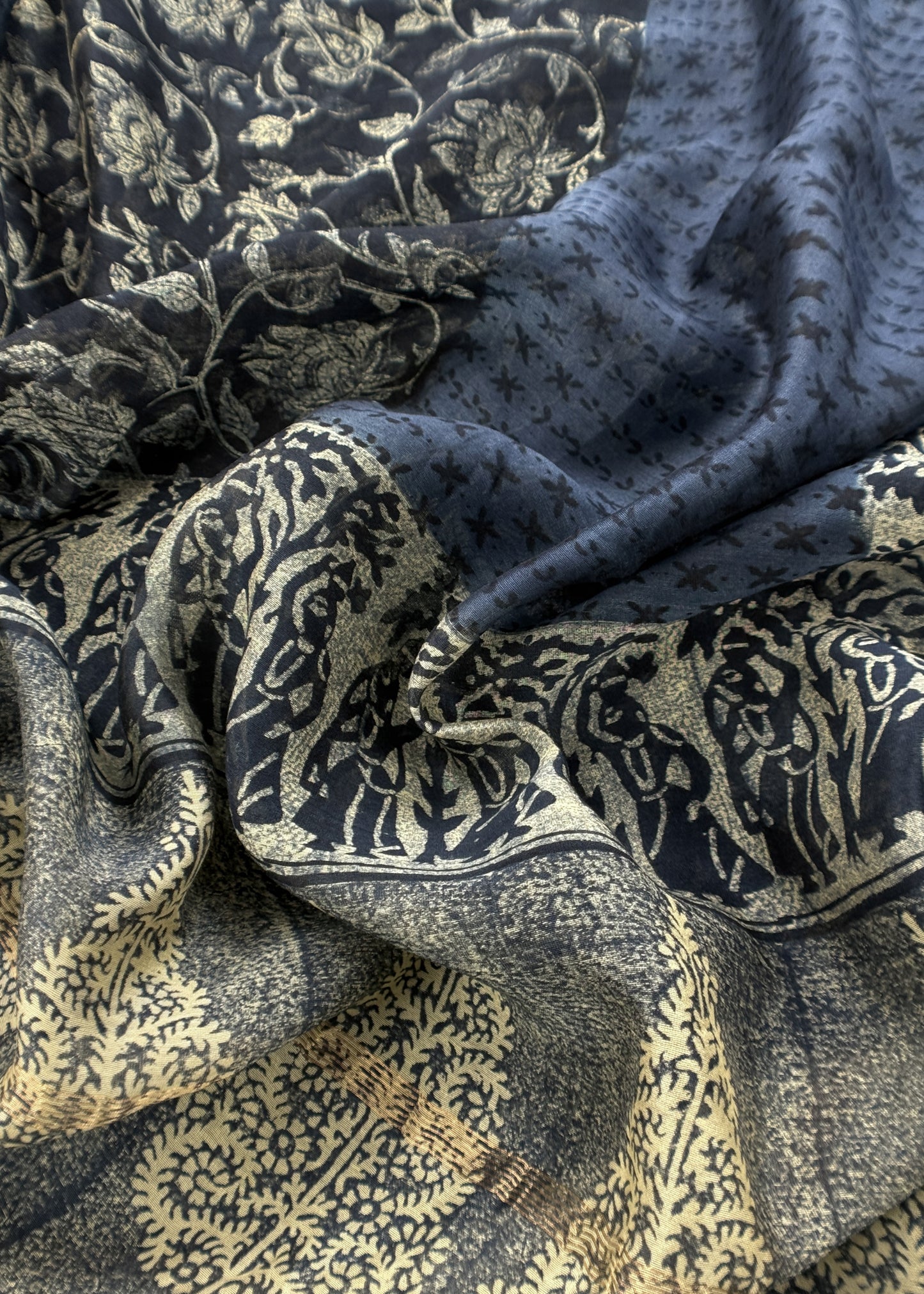 Indigo Block Print Pure Maheshwari Silk Unstitched Suit Fabric