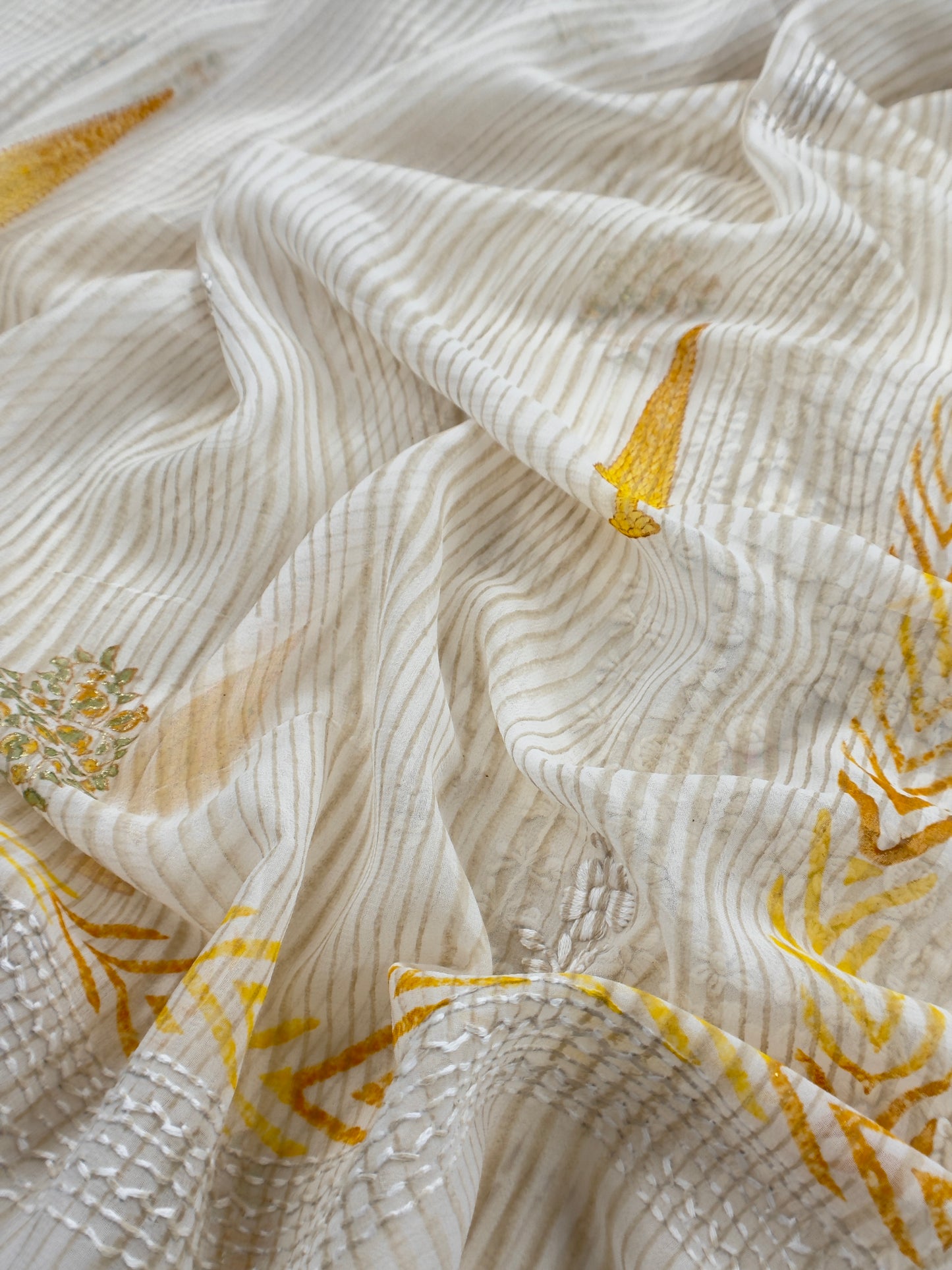 White With Yellow Handloom Georgette Suit With Thread Embroidery