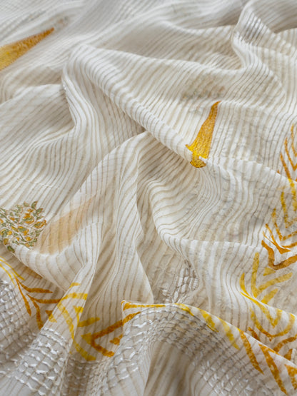 White With Yellow Handloom Georgette Suit With Thread Embroidery