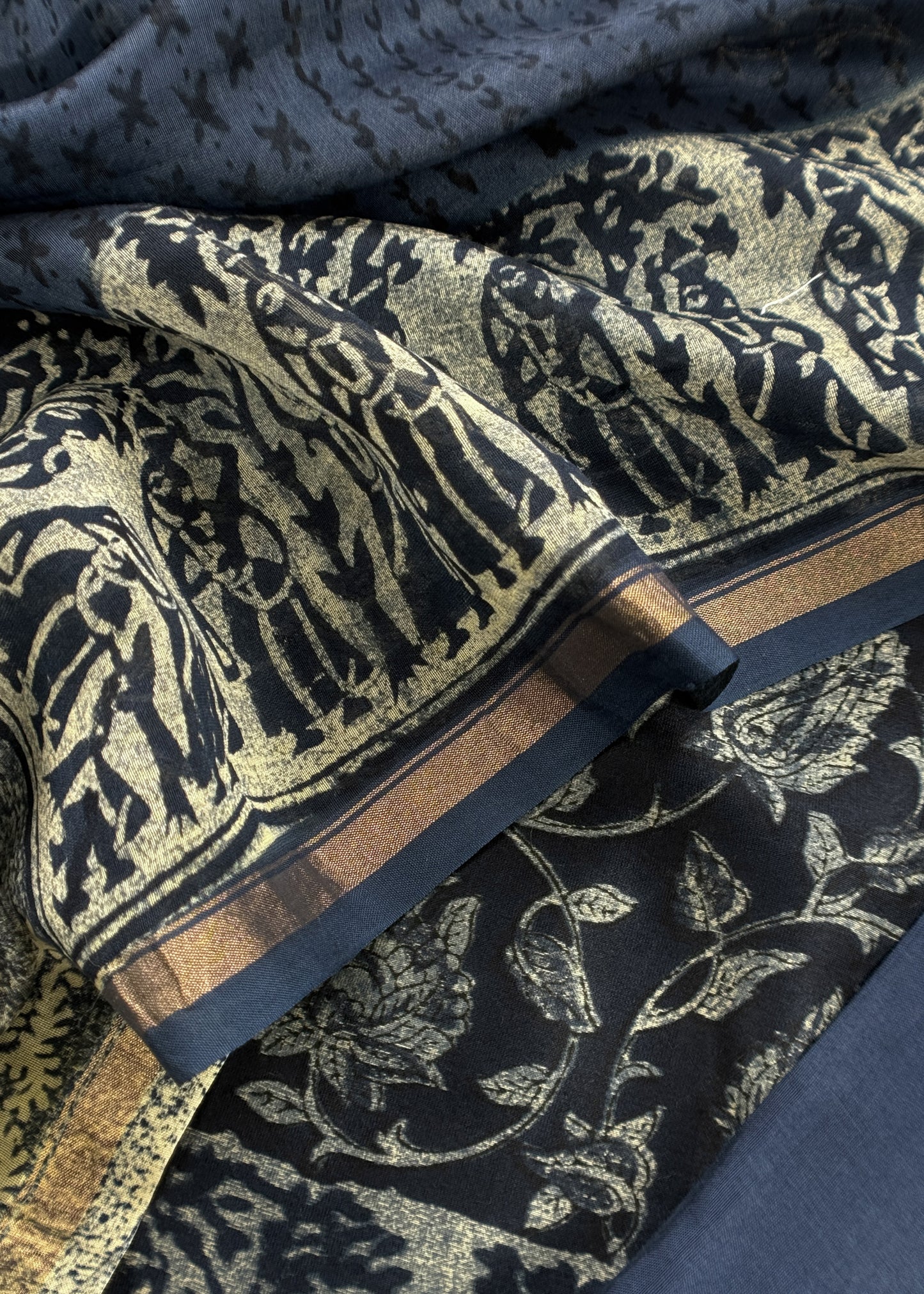 Indigo Block Print Pure Maheshwari Silk Unstitched Suit Fabric