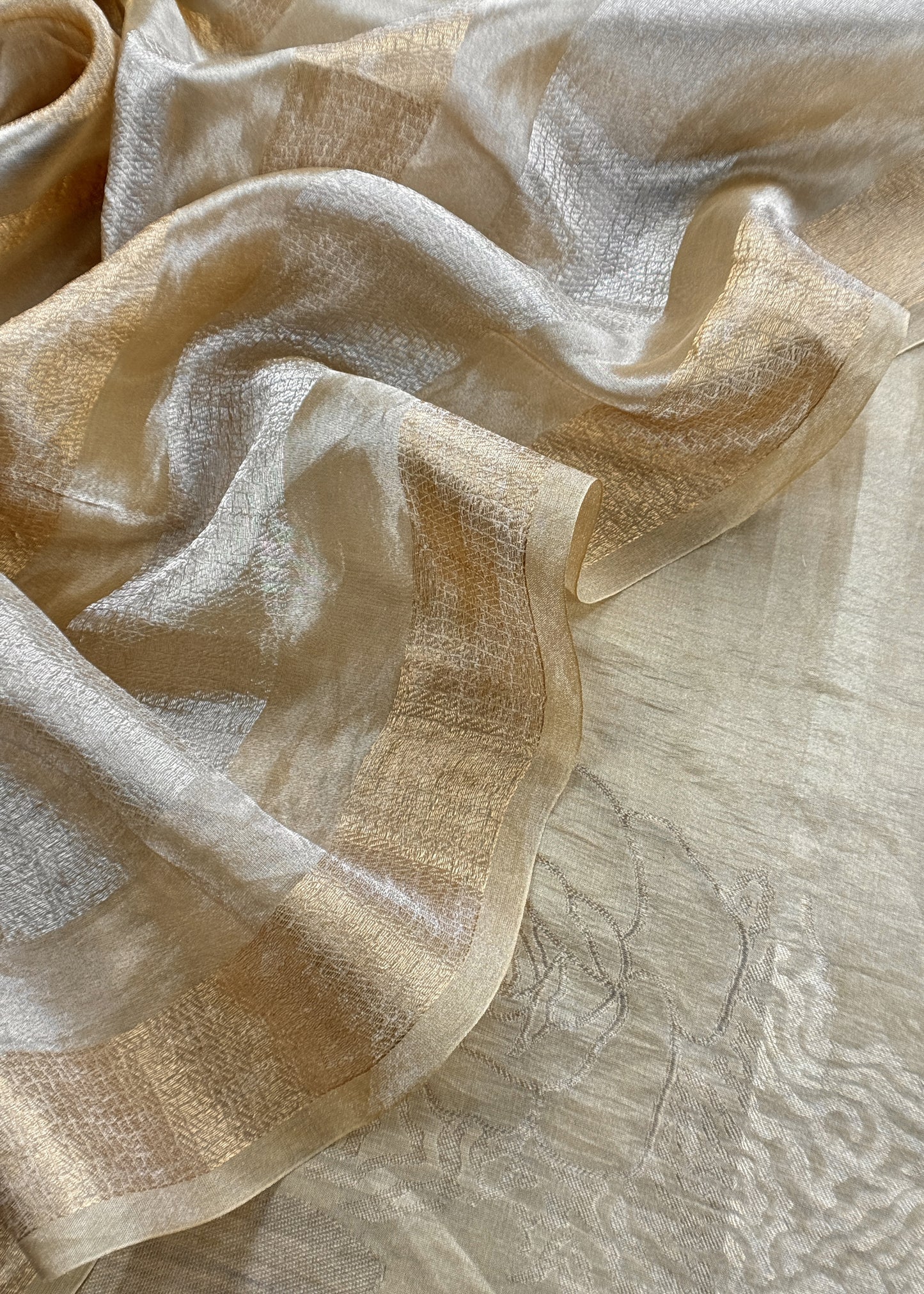 Beige Handloom Tissue Silk Suit Fabric With Panel Dupatta