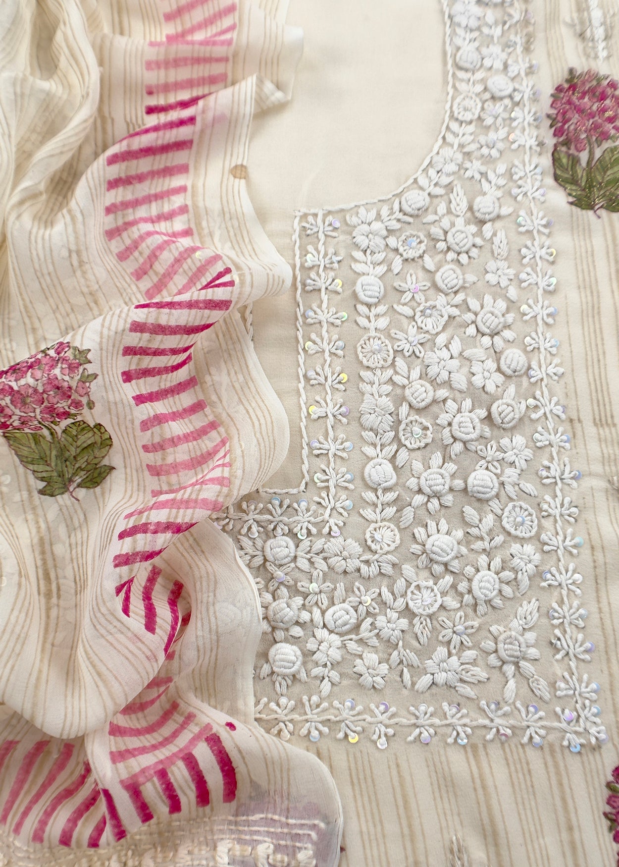 White With Pink Handloom Georgette Suit With Thread Embroidery