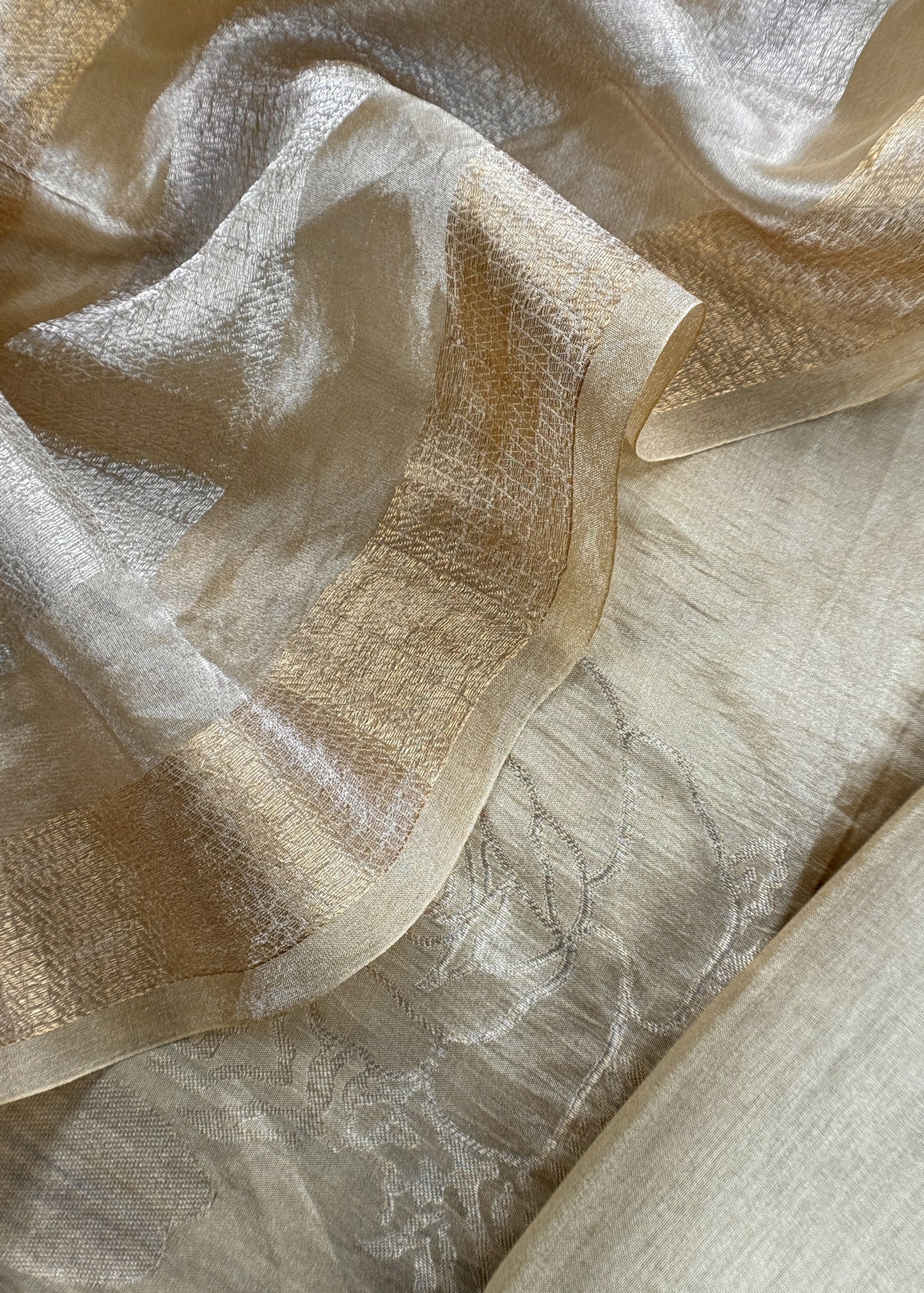 Beige Handloom Tissue Silk Suit Fabric With Panel Dupatta