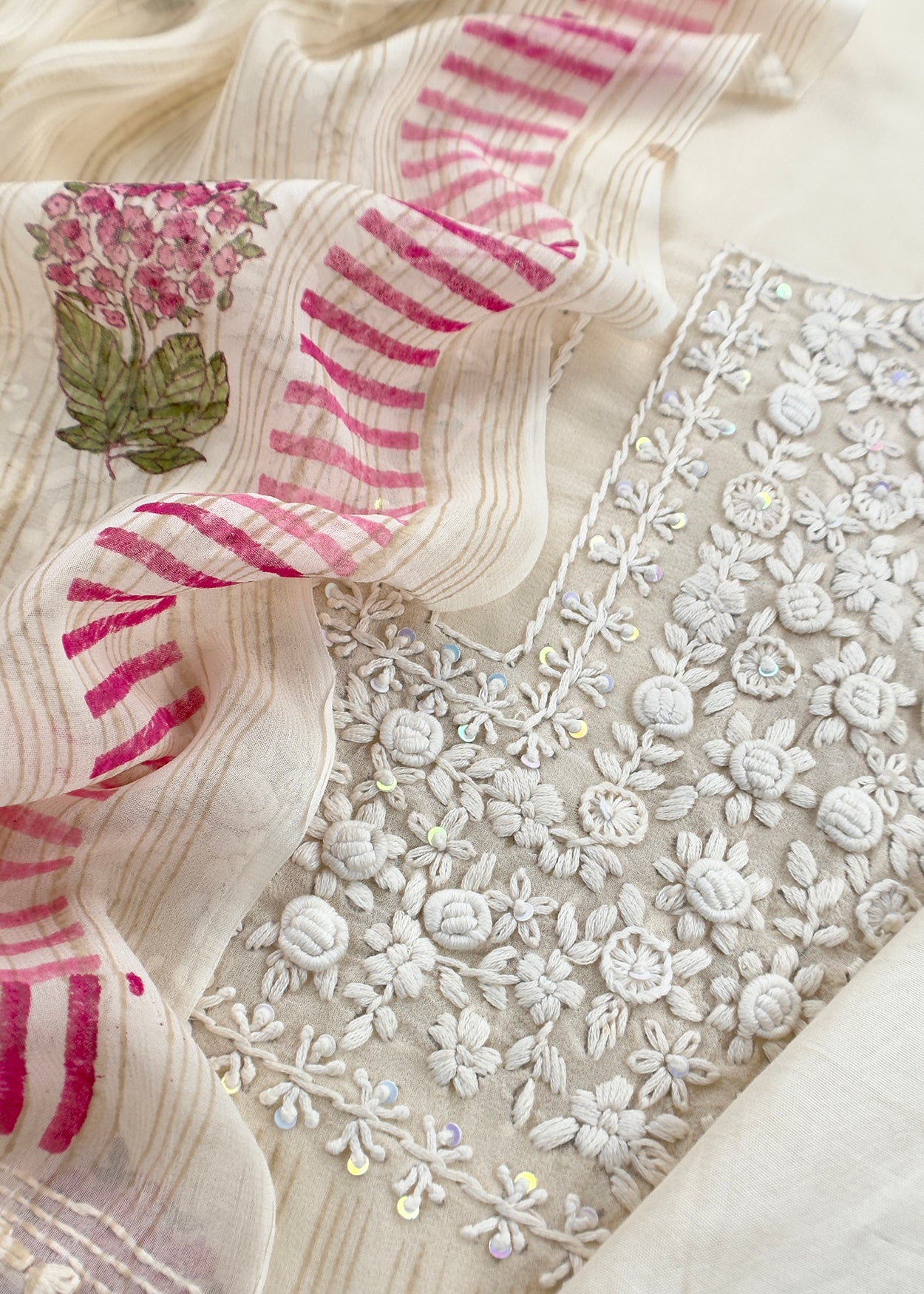 White With Pink Handloom Georgette Suit With Thread Embroidery