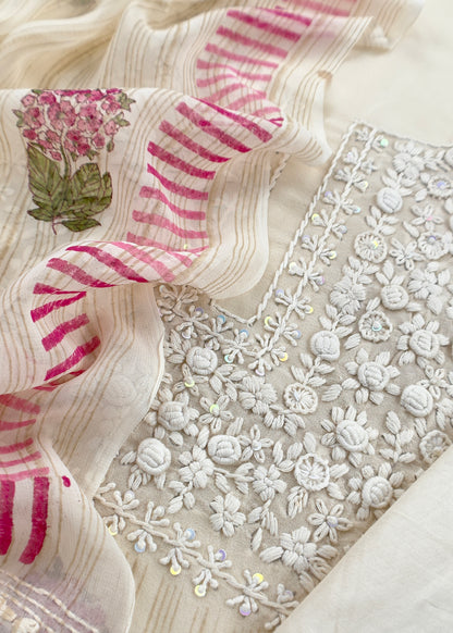 White With Pink Handloom Georgette Suit With Thread Embroidery