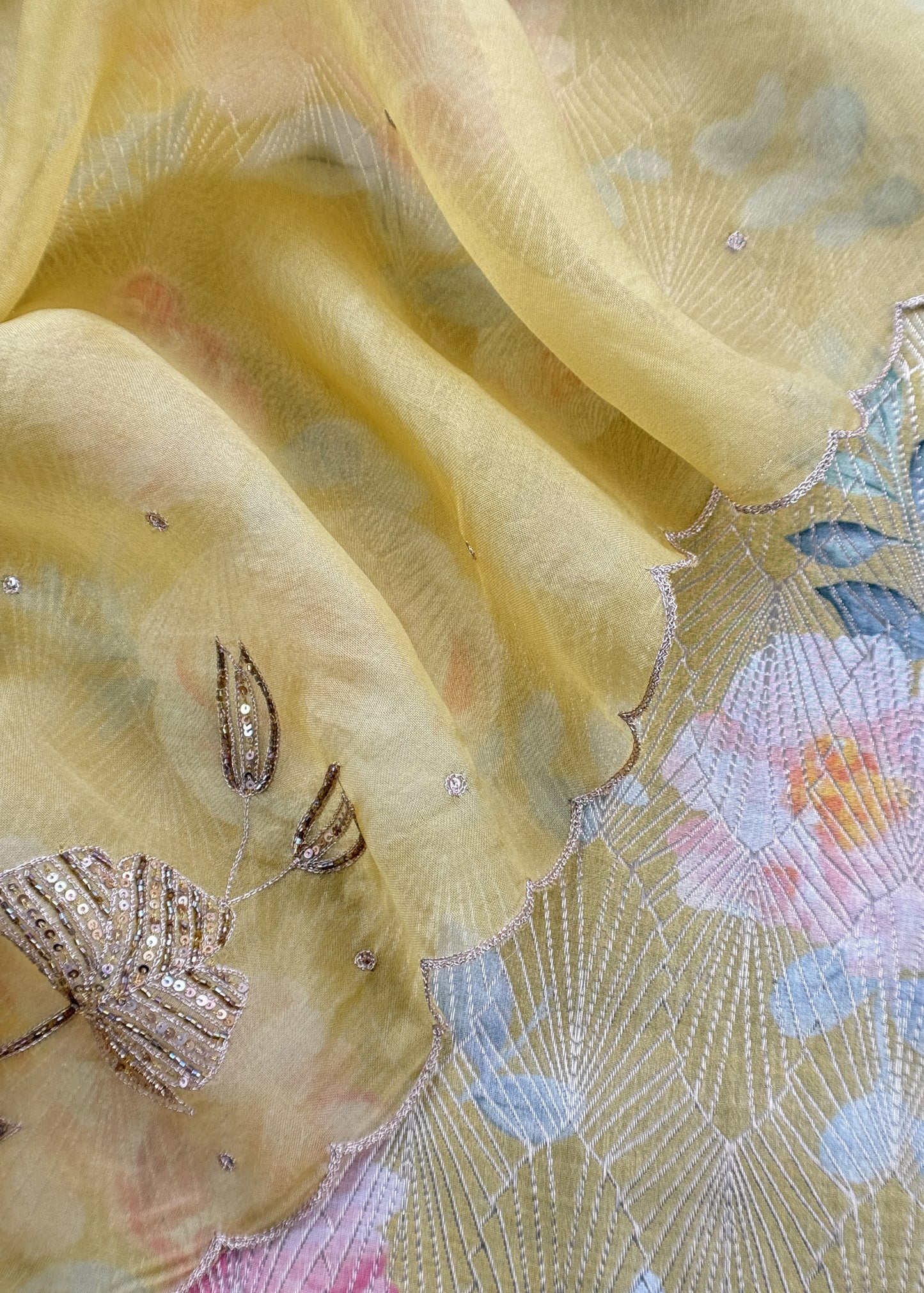 Canary Yellow Brocade Silk Kurta And Kora Silk Dupatta With Handwork