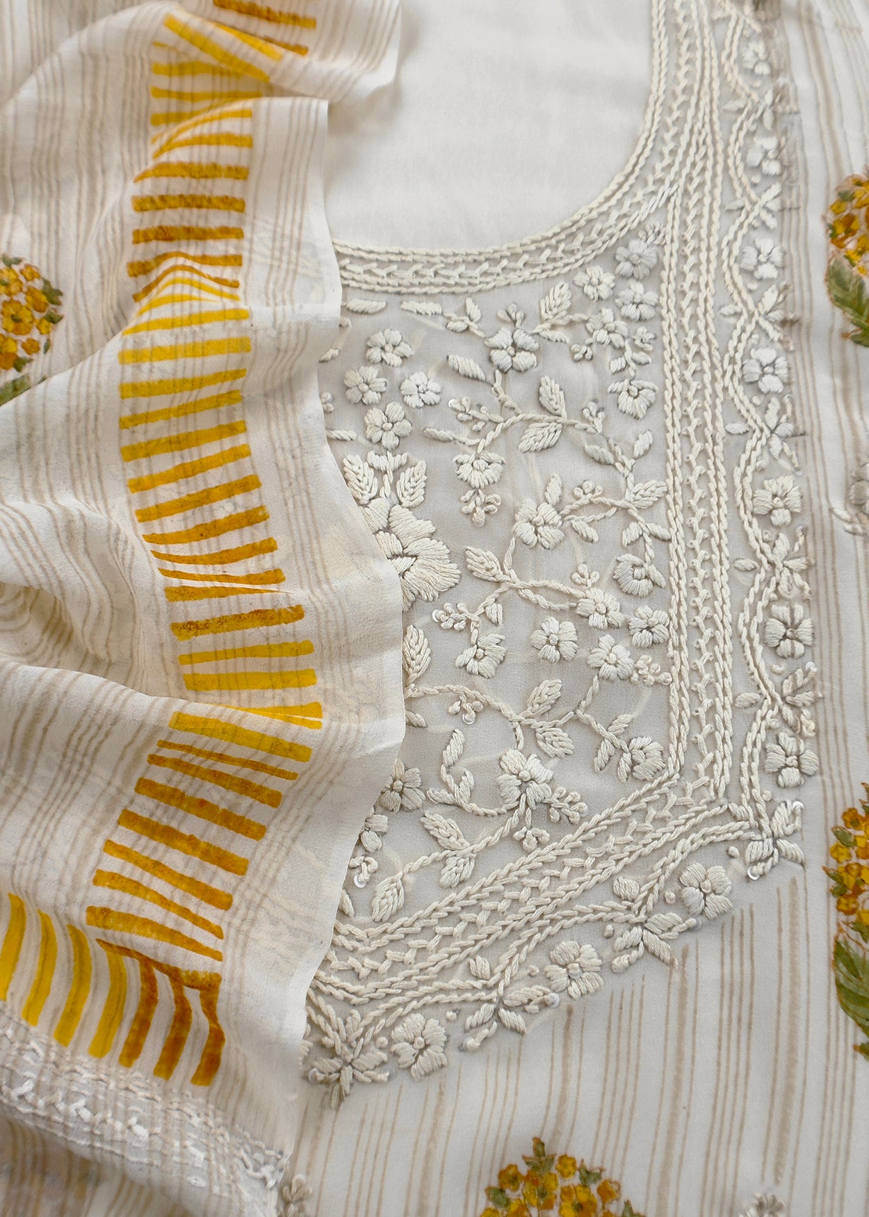 White With Yellow Handloom Georgette Suit With Thread Embroidery