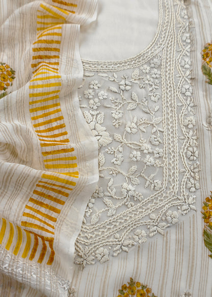 White With Yellow Handloom Georgette Suit With Thread Embroidery