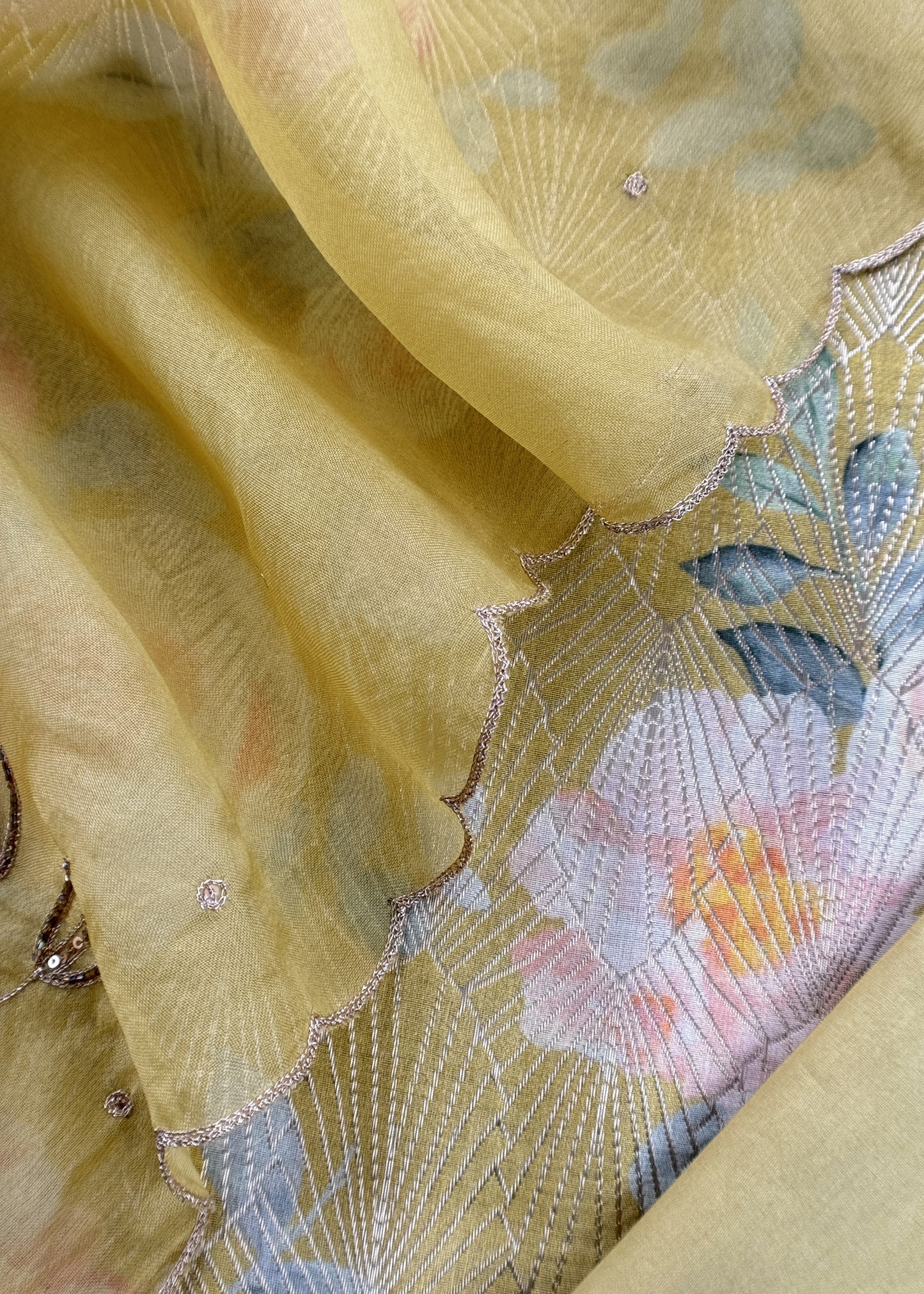 Canary Yellow Brocade Silk Kurta And Kora Silk Dupatta With Handwork