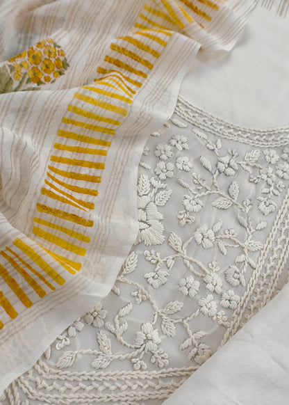 White With Yellow Handloom Georgette Suit With Thread Embroidery
