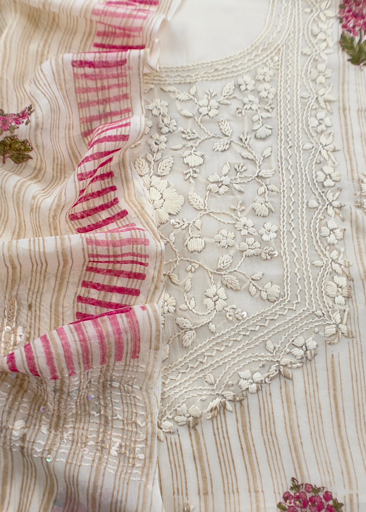 White With Pink Handloom Georgette Suit With Thread Embroidery