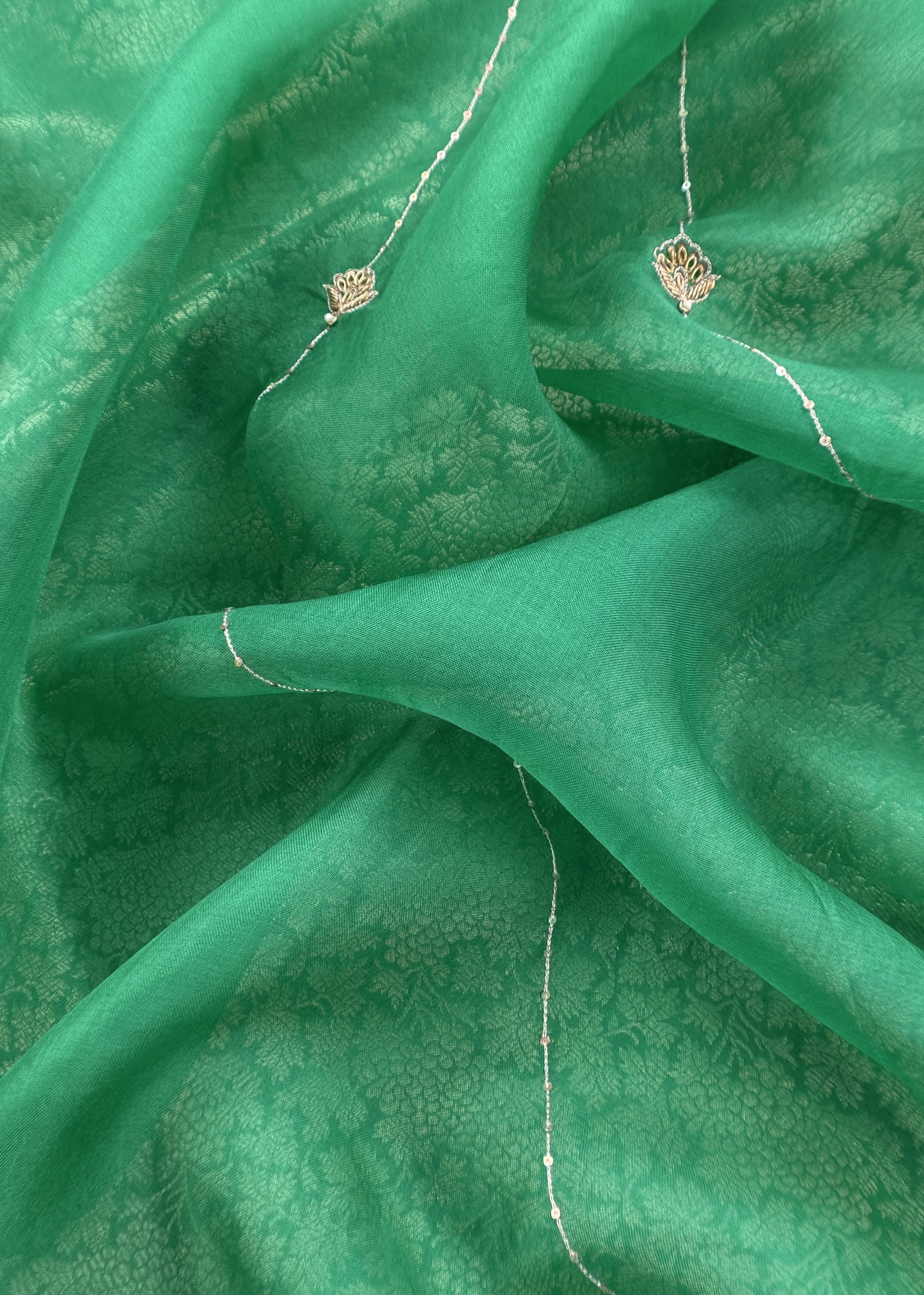 Emerald Green Brocade Silk Kurta And Organza Silk Dupatta with Handwork