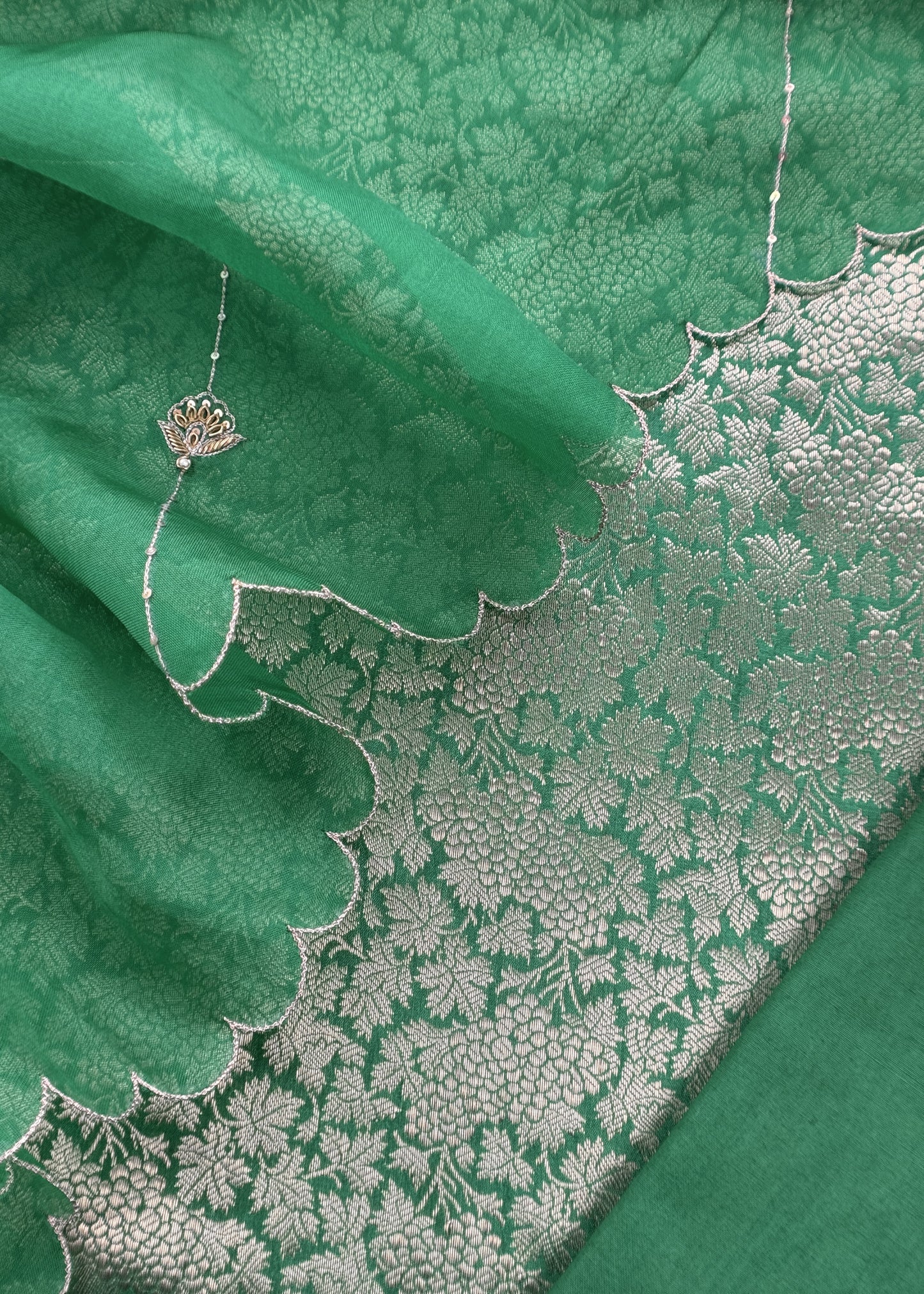 Emerald Green Brocade Silk Kurta And Organza Silk Dupatta with Handwork