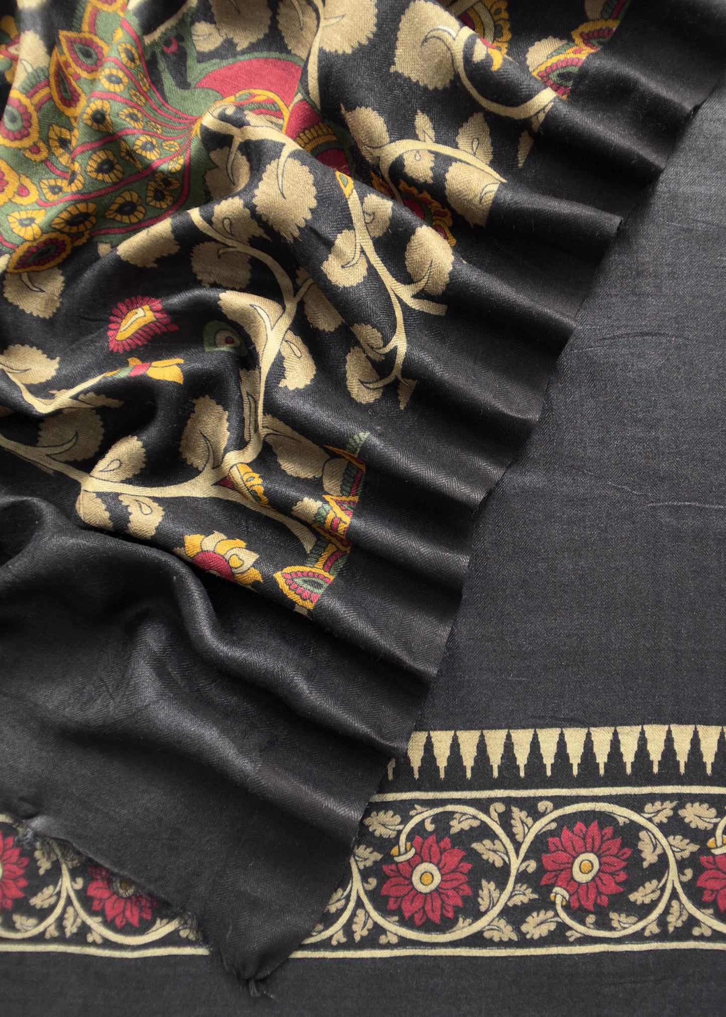 Black Pure Pashmina Unstitched Suits With Kalamkari Dupatta