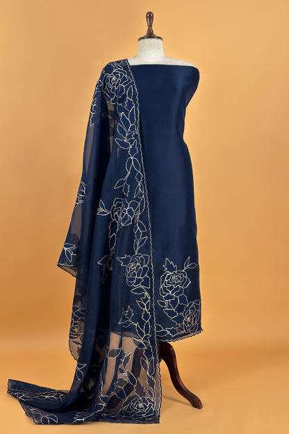 Navy Blue French Roses Handloom Organza Suit Fabric With Appliqué And Pitta Work