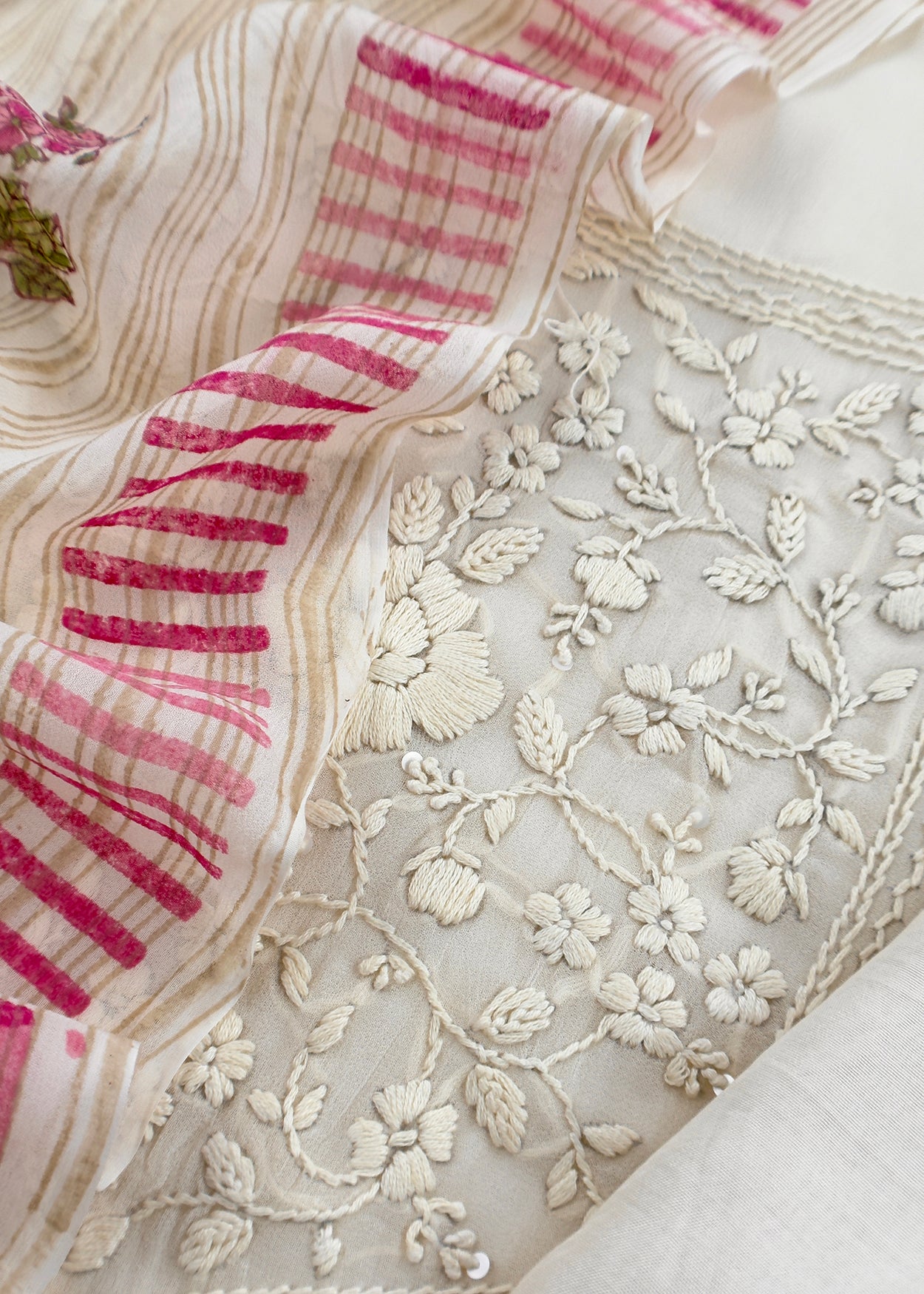 White With Pink Handloom Georgette Suit With Thread Embroidery